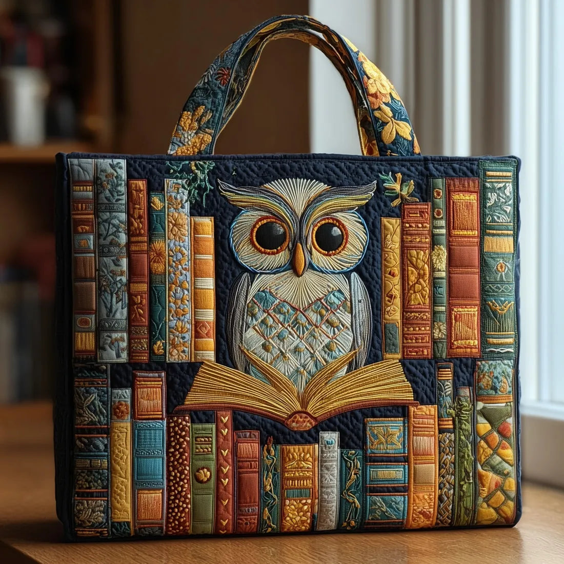 Minerva | Tote bag con bordado de búho entre libros, diseño artesanal y asa floral